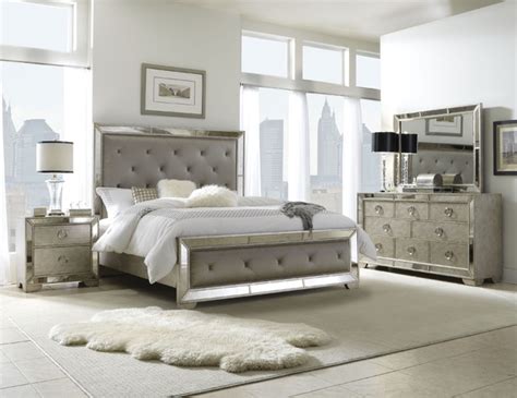 celine 6-piece mirrored and upholstered tufted king-size bedroom set silver|Celine 5.